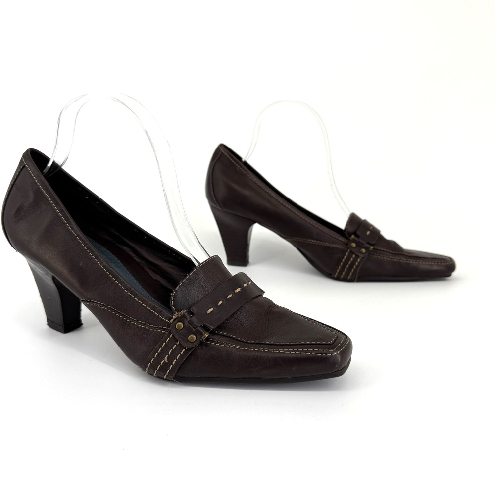 Aerosoles Brown Leather Heels Size 10M Loafer Pumps Stitch Detail Retro Y2K